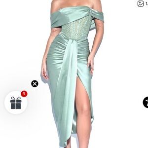 Stella Basil Off Shoulder Crystal Corset Satin Gown